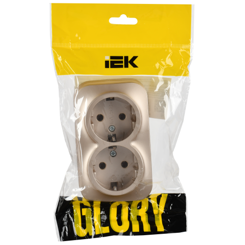 GLORY Розетка 2-местная для открытой установки с заземлением без защитных шторок 16А РС22-3-ХШм шампань матовый IEK