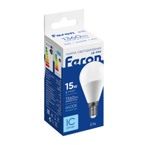 Лампа светодиодная Feron LB-990 Шарик E14 15W 175-265V 6400K Лампа светодиодная Feron LB-990 Шарик E14 15W 175-265V 6400K