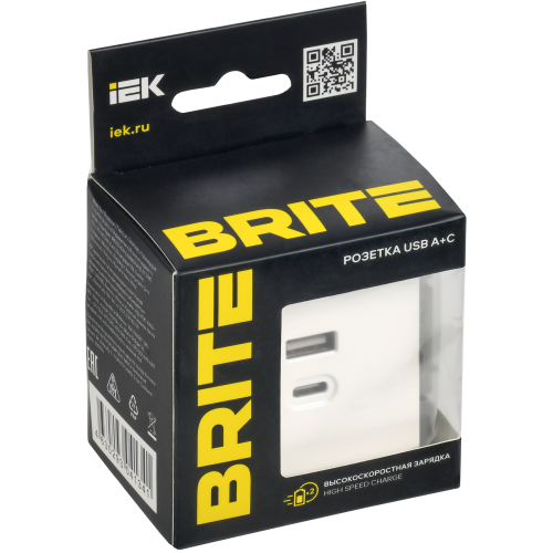 BRITE Розетка USB A+C 45Вт высокоскоростная зарядка РЮ11-2-БрАБ арктический белый IEK BRITE Розетка USB A+C 45Вт высокоскоростная зарядка РЮ11-2-БрАБ арктический белый IEK