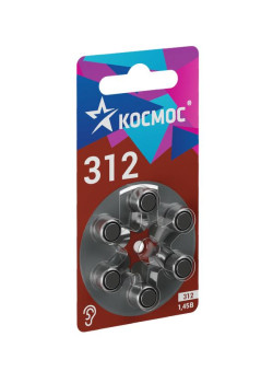 Элемент питания воздушно-цинковая для слуховых аппаратов ZA312 (312 PR41 DA312 V312A) 1.45В (уп.6шт) КОСМОС KOCZA-312BL6