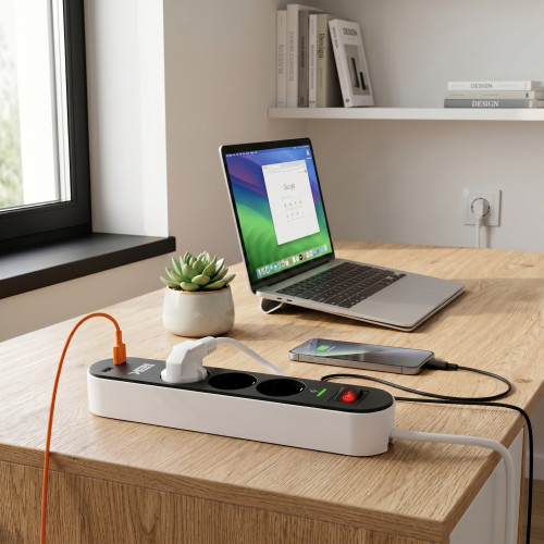 Фильтр сетевой СФ-03К 16А USB A+C 20Вт 3м 3х1,5мм2 черный IEK