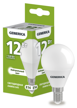 Лампа светодиодная G45 шар 12Вт 230В 4000К E14 GENERICA