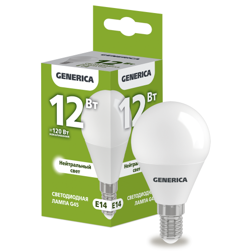 Лампа светодиодная G45 шар 12Вт 230В 4000К E14 GENERICA