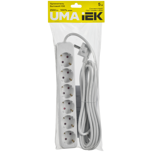 Удлинитель У06 6 мест 2P+PE 5м 3х1мм2 10А белый UMA IEK Удлинитель У06 6 мест 2P+PE 5м 3х1мм2 10А белый UMA IEK