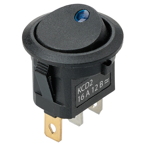 Выключатель клавишный круглый KCD2-101N-2 12В AC/DC, 1P, 16А, (3с), ON-OFF, черный с синей точечной LED подсветкой TDM Выключатель клавишный круглый KCD2-101N-2 12В AC/DC, 1P, 16А, (3с), ON-OFF, черный с синей точечной LED подсветкой TDM