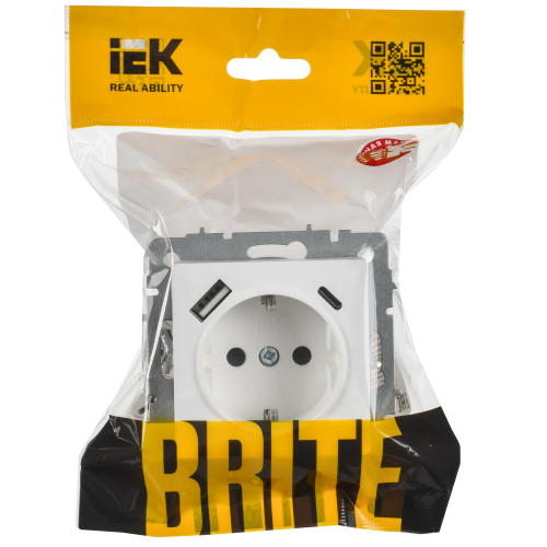 BRITE Розетка 1-местная с заземлением с защитными шторками 16А с USB A+C 18Вт РЮш11-1-БрАБ арктический белый IEK