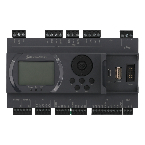 ПЛК S172; 24 VDC; дисплей; 28 IO: 8 DI, 8 DO (6 реле, 2 SSR), 8 AI, 4 AO, 2xRS485, 1xRJ45 ПЛК S172; 24 VDC; дисплей; 28 IO: 8 DI, 8 DO (6 реле, 2 SSR), 8 AI, 4 AO, 2xRS485, 1xRJ45