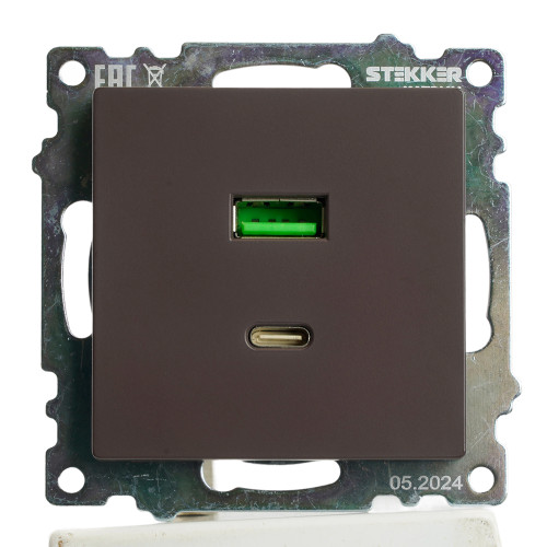Розетка 2-местная USB + type C, STEKKER GLS10-7116-04, 250В, 3А, max 20W,серия Катрин, шоколад Розетка 2-местная USB + type C, STEKKER GLS10-7116-04, 250В, 3А, max 20W,серия Катрин, шоколад