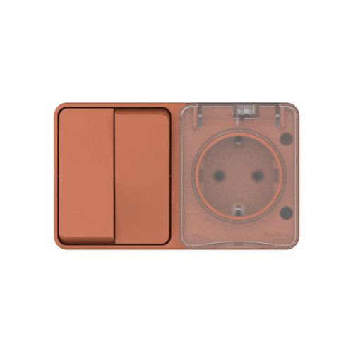 ATLASDESIGN PROFI IP54 О/У БЛОК: РОЗЕТКА с заземл. со шт., 16А, ВЫКЛЮЧАТЕЛЬ 2-клав., 10АХ, ТЕРРАКОТОВЫЙ