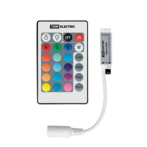 Контроллер для светодиодных лент и модулей RGB-IR-12В-6А-72Вт-IP20, 3 канала, пульт 24 кнопки, TDM Контроллер для светодиодных лент и модулей RGB-IR-12В-6А-72Вт-IP20, 3 канала, пульт 24 кнопки, TDM