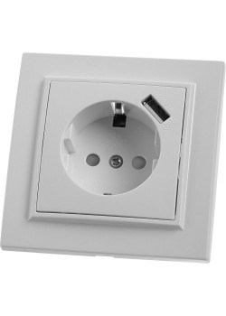 Розетка 1-местная с/з STEKKER, PST16-9011-01, 250В, 16А с защитной шторкой и с USB, серия Эрна, белый