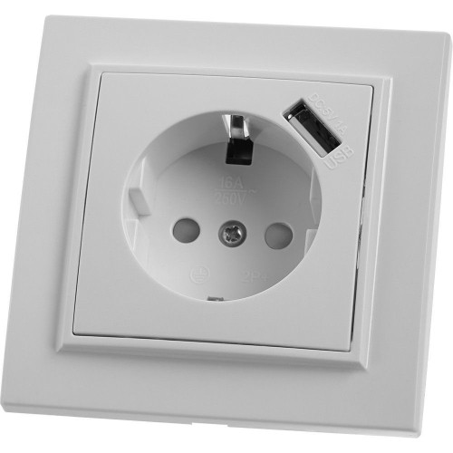 Розетка 1-местная с/з STEKKER, PST16-9011-01, 250В, 16А с защитной шторкой и с USB, серия Эрна, белый