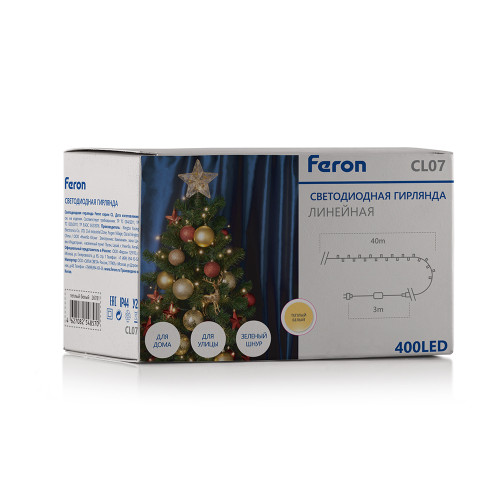 Светодиодная гирлянда Feron CL07 линейная 40м + 3м 230V 2700К, c питанием от сети, контроллером, зеленый шнур Светодиодная гирлянда Feron CL07 линейная 40м + 3м 230V 2700К, c питанием от сети, контроллером, зеленый шнур