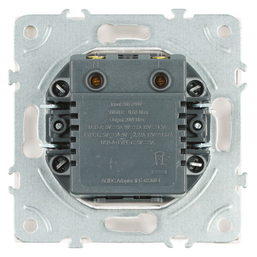 Розетка 2-местная USB + Type C (механизм), STEKKER, 250В, 20W, серия Эмили, RST10-5115-01, белый фарфор, soft touch