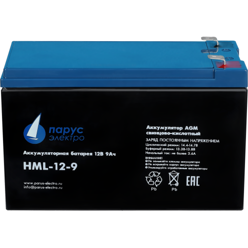 Battery Parus Electro, professional series HML-12-9, voltage 12V, capacity 9Ah (discharge 20 hours), max. discharge current (5sec) 135A, max. charge current 3.6A, lead-acid type AGM, terminals F2, LxWxH 151x65x94mm., total height with terminals 101mm., we Battery Parus Electro, professional series HML-12-9, voltage 12V, capacity 9Ah (discharge 20 hours), max. discharge current (5sec) 135A, max. charge current 3.6A, lead-acid type AGM, terminals F2, LxWxH 151x65x94mm., total height with terminals 101mm., we