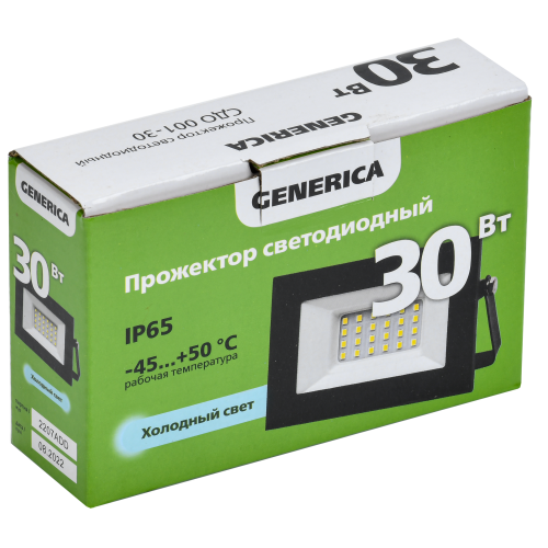 Прожектор светодиодный СДО 001-30 6500К IP65 черный GENERICA Прожектор светодиодный СДО 001-30 6500К IP65 черный GENERICA