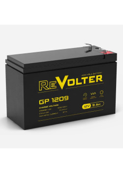 Батарея REVOLTER серия GP, REVOLTER GP 1209, напряжение 12В, емкость 9Ач (разряд 20 часов),  макс. ток разряда (5 сек.) 120А, макс. ток заряда 2.25А, свинцово-кислотная типа AGM, клеммы F2, ДxШxВ 151х65х94мм., вес 2.65кг., срок службы 7 лет.