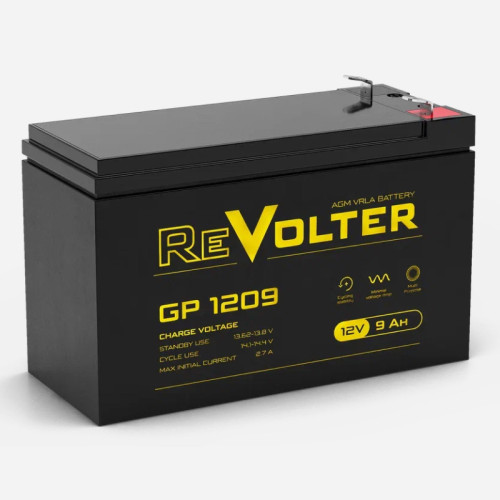 Батарея REVOLTER серия GP, REVOLTER GP 1209, напряжение 12В, емкость 9Ач (разряд 20 часов),  макс. ток разряда (5 сек.) 120А, макс. ток заряда 2.25А, свинцово-кислотная типа AGM, клеммы F2, ДxШxВ 151х65х94мм., вес 2.65кг., срок службы 7 лет.