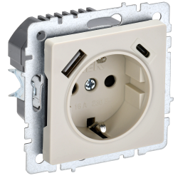 BRITE Розетка 1-местная с заземлением с защитными шторками 16А с USB A+C 18Вт РЮш11-1-БрКр бежевый IEK