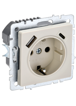 BRITE Розетка 1-местная с заземлением с защитными шторками 16А с USB A+C 18Вт РЮш11-1-БрКр бежевый IEK