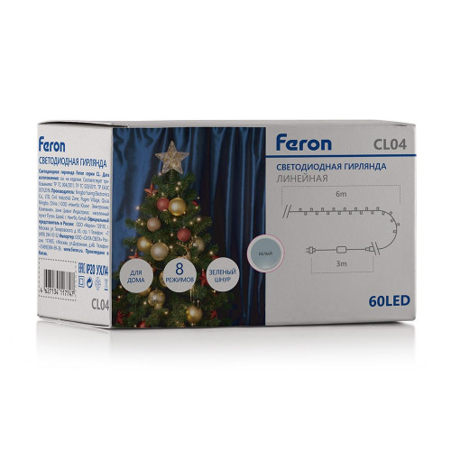 Светодиодная гирлянда Feron CL04 линейная 6м +3м 230V 5000K, с питанием от сети, контроллером, зеленый шнур Светодиодная гирлянда Feron CL04 линейная 6м +3м 230V 5000K, с питанием от сети, контроллером, зеленый шнур