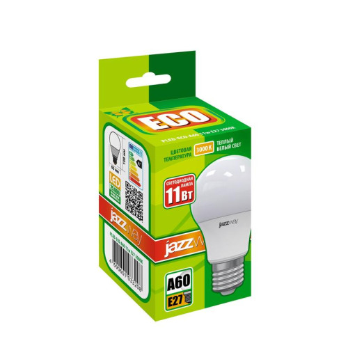 Лампа светодиодная PLED-ECO 11Вт A60 грушевидная 3000К тепл. бел. E27 880лм 230В JazzWay 1033208 Лампа светодиодная PLED-ECO 11Вт A60 грушевидная 3000К тепл. бел. E27 880лм 230В JazzWay 1033208