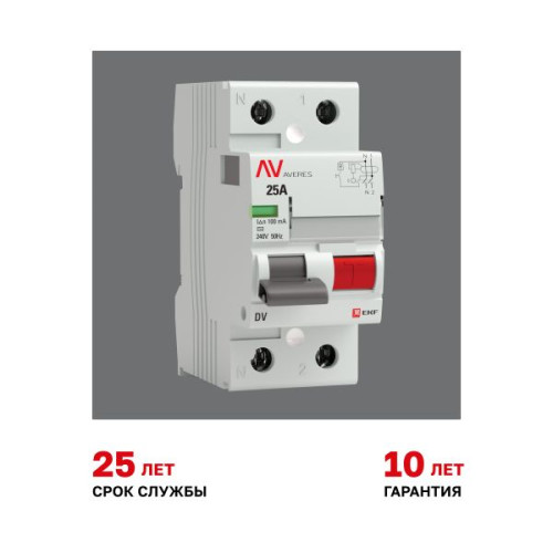ВДТ DV 2P 25А 100мА тип AC эл-мех 10kA AVERES EKF ВДТ DV 2P 25А 100мА тип AC эл-мех 10kA AVERES EKF