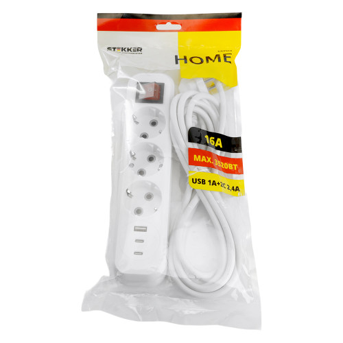 Удлинитель 3-местный с/з с выключ. STEKKER HM071-31-05 3x1мм2, 5м, 250В, 16А, 1USB+2C, 2.4A, сер Home, белый Удлинитель 3-местный с/з с выключ. STEKKER HM071-31-05 3x1мм2, 5м, 250В, 16А, 1USB+2C, 2.4A, сер Home, белый