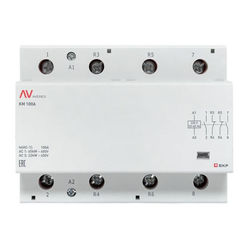 Контактор модульный КМ 100А 2NO+2NC 230В АС (6 мод.) AVERES EKF Контактор модульный КМ 100А 2NO+2NC 230В АС (6 мод.) AVERES EKF