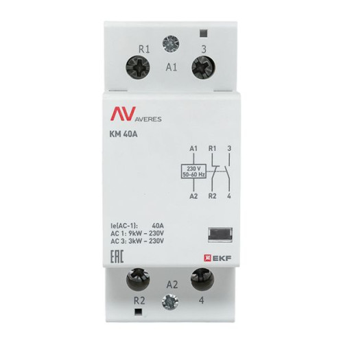 Контактор модульный КМ 40А 1NO+1NC 230В АС (2 мод.) AVERES EKF Контактор модульный КМ 40А 1NO+1NC 230В АС (2 мод.) AVERES EKF