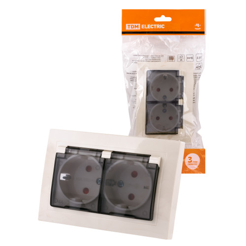 Розетка двойная 2П+З с защ. шт. и пр. крыш. 16А 250В IP44 (основание пластик) сл. кость Розетка двойная 2П+З с защ. шт. и пр. крыш. 16А 250В IP44 (основание пластик) сл. кость