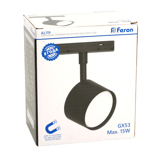 Светильник Feron AL119 трековый магнитный под лампу GX53 230В, черный Светильник Feron AL119 трековый магнитный под лампу GX53 230В, черный