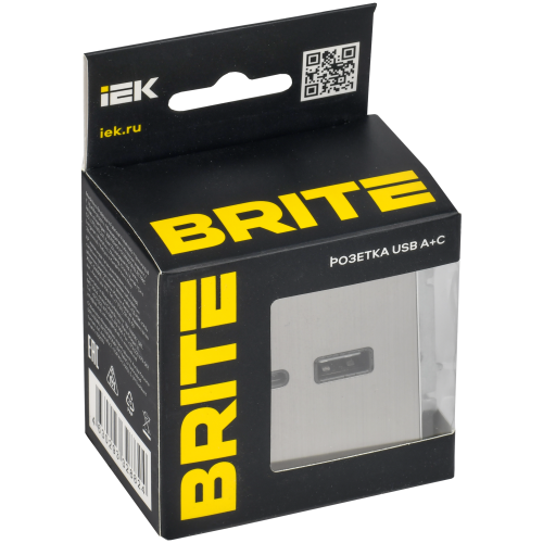 BRITE Розетка USB A+C 18Вт РЮ11-1-БрГН металл хром/никель IEK BRITE Розетка USB A+C 18Вт РЮ11-1-БрГН металл хром/никель IEK