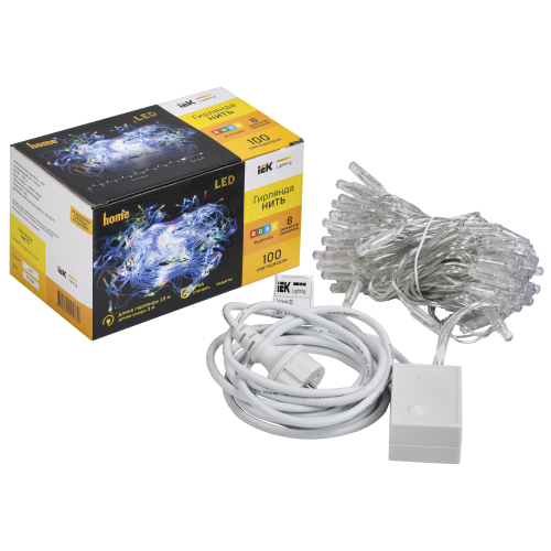 Гирлянда нить 10м 100 светодиодов RGB свет IP44 прозрачный шнур 3м 230В контроллер 8 сцен IEK Гирлянда нить 10м 100 светодиодов RGB свет IP44 прозрачный шнур 3м 230В контроллер 8 сцен IEK