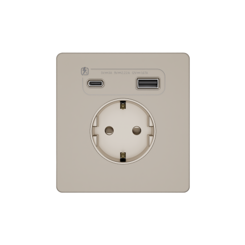 Systeme Infinity, Розетка С/У с ЗК и зар.устр.USB А+С 20Вт (250В, 16А, защит.шторки), Песчаный берег Systeme Infinity, Розетка С/У с ЗК и зар.устр.USB А+С 20Вт (250В, 16А, защит.шторки), Песчаный берег