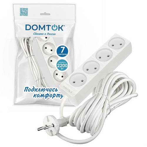 Удлинитель 4х7м без заземл. 10А IP20 2.2кВт ПВС 2х1 бел. DOMTOK 2358 Удлинитель 4х7м без заземл. 10А IP20 2.2кВт ПВС 2х1 бел. DOMTOK 2358
