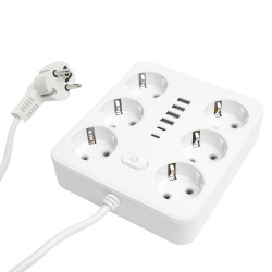 Удлинитель 6-местный c/з 3x1 мм2, 3 м, 250В, 10А, 4USB+2Type-C 2,4А, серия Home plus, белый STEKKER HM09-66-02