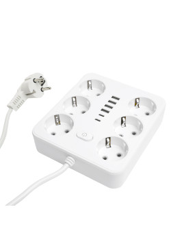 Удлинитель 6-местный c/з 3x1 мм2, 3 м, 250В, 10А, 4USB+2Type-C 2,4А, серия Home plus, белый STEKKER HM09-66-02