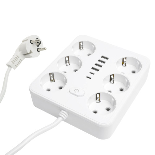 Удлинитель 6-местный c/з 3x1 мм2, 3 м, 250В, 10А, 4USB+2Type-C 2,4А, серия Home plus, белый STEKKER HM09-66-02