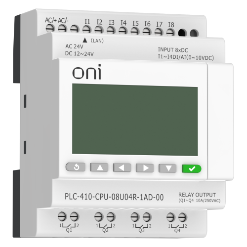 ПЛК 410 Модуль ЦПУ 4 DI 4 UI (0-10 В/DI) 4 RO 12В-24В DC или 24В AC с Ethernet портом с экраном ONI ПЛК 410 Модуль ЦПУ 4 DI 4 UI (0-10 В/DI) 4 RO 12В-24В DC или 24В AC с Ethernet портом с экраном ONI