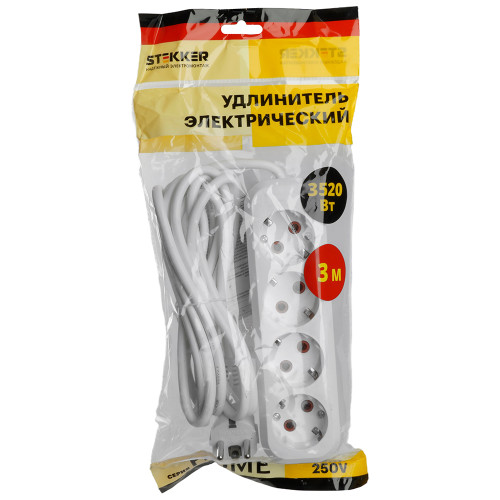 Удлинитель четырехместный с/з  STEKKER HM06-40-03 3x1мм2, 3м, серия Home, белый