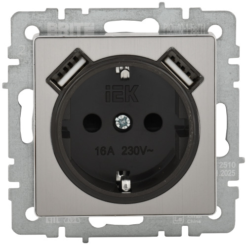 BRITE Розетка 1-местная с заземлением с защитными шторками 16А с USB A+A 5В 2,1А РЮш10-1-БрГН металл хром/никель IEK BRITE Розетка 1-местная с заземлением с защитными шторками 16А с USB A+A 5В 2,1А РЮш10-1-БрГН металл хром/никель IEK