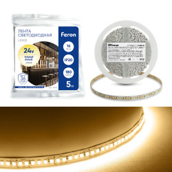 Светодиодная LED лента Feron LS502, 180SMD(2835)/м 16Вт/м 24V 5000*10*1.22мм 3000К IP20
