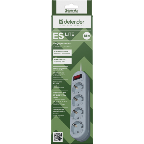 Сетевой фильтр Defender ES Lite 1.8 1,8 м, 4 розетки/ Surge Protector Defender ES Lite 1.8 1,8m, 4 розетки Сетевой фильтр Defender ES Lite 1.8 1,8 м, 4 розетки/ Surge Protector Defender ES Lite 1.8 1,8m, 4 розетки