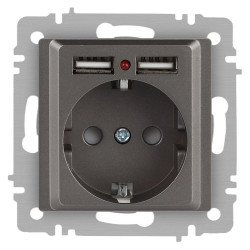 Розетка Accent 6-410-09 P+E Schuko со шторками 16А-250В + 2хUSB IP20 СУ титан Intro Б0063711