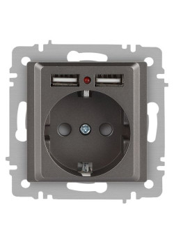 Розетка Accent 6-410-09 P+E Schuko со шторками 16А-250В + 2хUSB IP20 СУ титан Intro Б0063711
