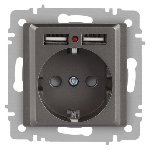 Розетка Accent 6-410-09 P+E Schuko со шторками 16А-250В + 2хUSB IP20 СУ титан Intro Б0063711
