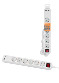 Удлинитель бытовой  У06В-USB 6 гнезд, 2USB 2,4А, 3 м, вык., з/к, ПВС 3х0,75мм2 10А/250В белый TDM