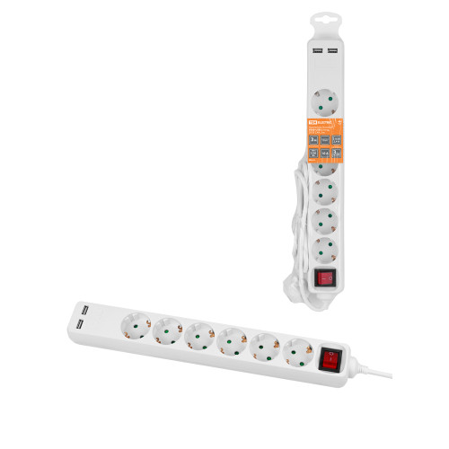 Удлинитель бытовой  У06В-USB 6 гнезд, 2USB 2,4А, 3 м, вык., з/к, ПВС 3х0,75мм2 10А/250В белый TDM