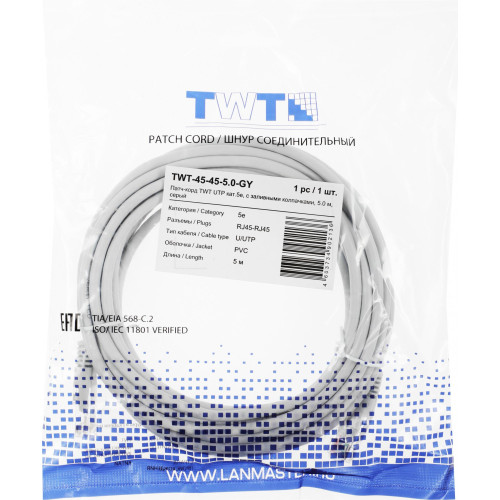 Патч-корд Lanmaster TWT-45-45-5.0-GY UTP RJ-45 вил.-вилка RJ-45 кат.5E 5м серый ПВХ (уп.:1шт)